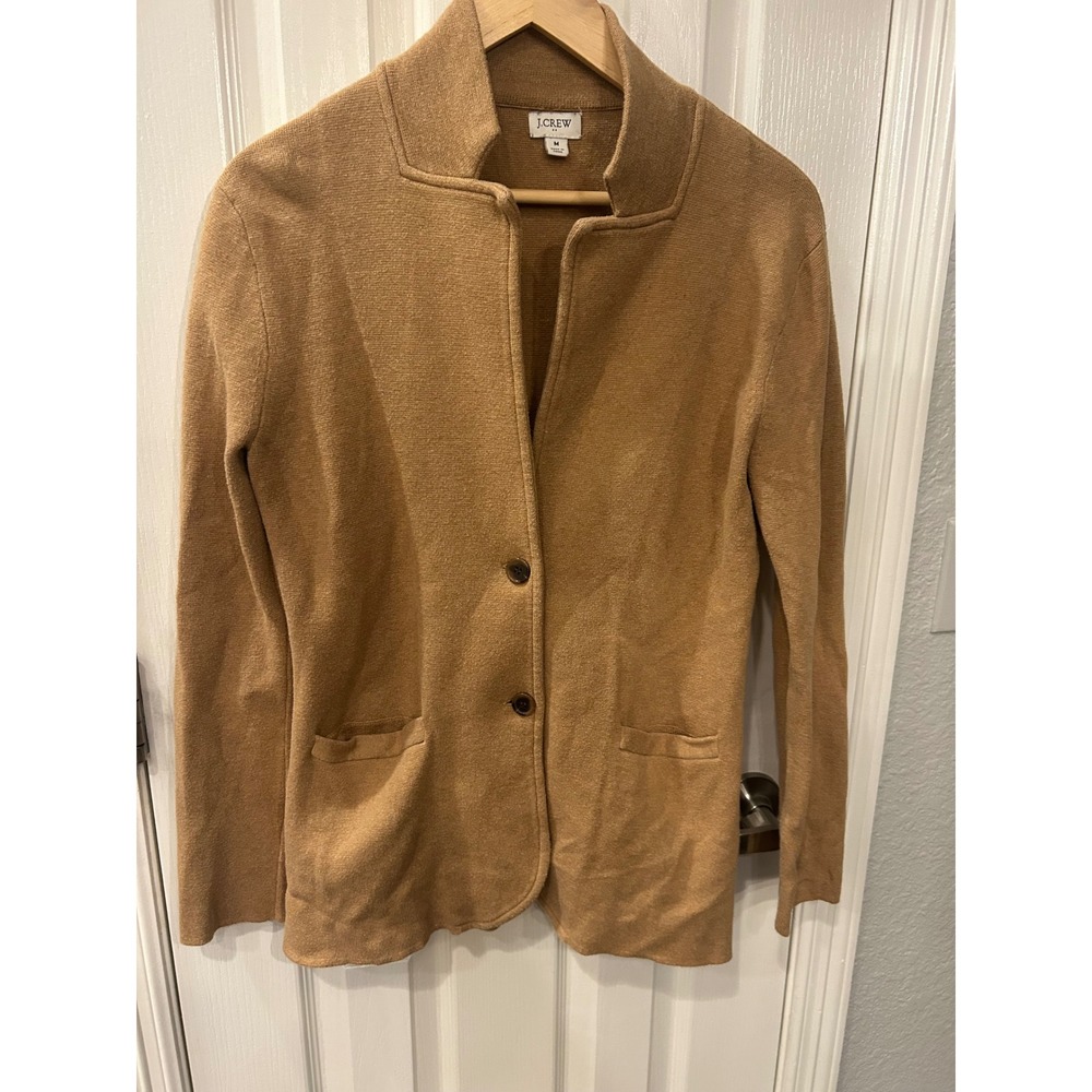 J.Crew Sweater Blazer Tan Camel Cotton Knit Cardigan Jacket Pockets Professional